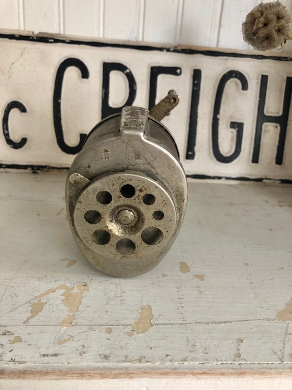 Vintage hand crank wooden pencil sharpener